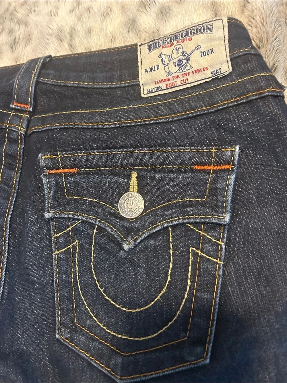 Vintage True Religion Dark Indigo Denim Jeans Contrast Stitching Button Pockets - Picture 7 of 14